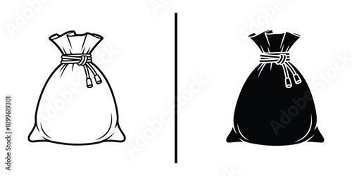 A simple illustration of two money bags, one in black and white and the other in solid black, against a clean white background.