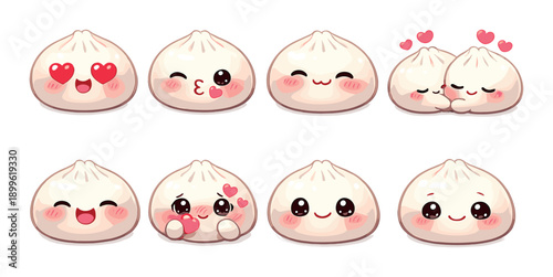 Cute cartoon dumplings with emoji faces and hearts in various expressions