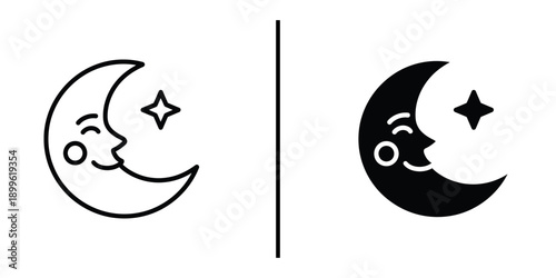 A minimalist illustration of smiling crescent moons with stars on a white background