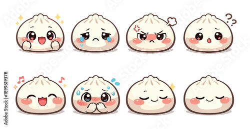 Cute dumplings with adorable expressions displaying various emotions