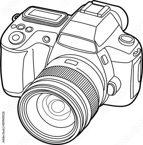 Professional digital SLR camera with lens technical drawing vector illustration