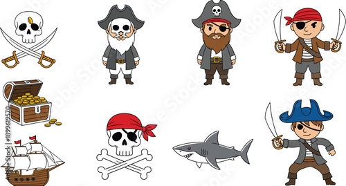 PrintCute Pirate Character and Icon Set with Skull, Treasure Chest, Ship, Shark, and Cartoon Buccaneer Illustrations for Kids Designs