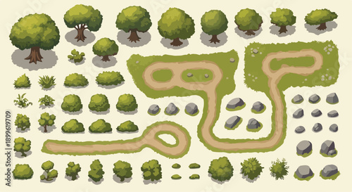 Isometric pixel art vector game assets: green trees, bushes, grass, rocks, and dirt paths set for map design, isolated on white