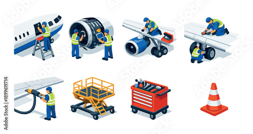 Isometric aircraft maintenance team and equipment on runway