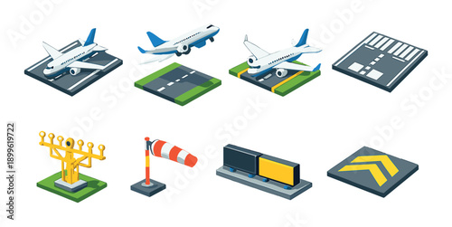 Isometric airport elements: planes, runway, control tower, navigation lights