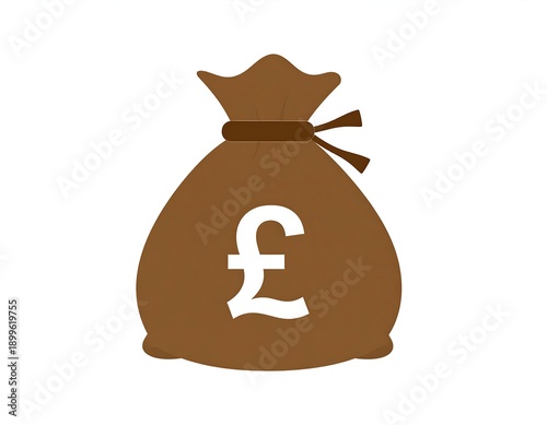 A brown money bag with a white pound symbol on a white background