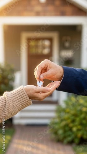 Close up of a real estate agent handing keys to a new homeowner in front of a house. Man giving a key to a woman after buying a property. Mortgage and family relocation concept