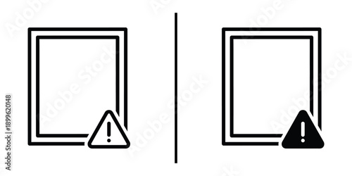 A warning sign is displayed next to a black and white illustration of a square frame with an exclamation mark.