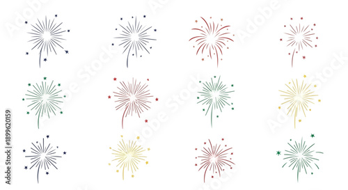 Vector fireworks icons set, colorful sparkler explosions, celebration event graphic elements isolated on white