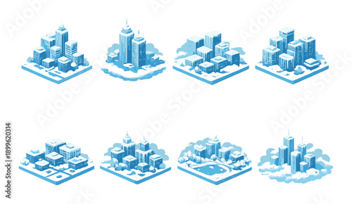 Isometric winter cityscape evolution: eight stages from small community to metropolis