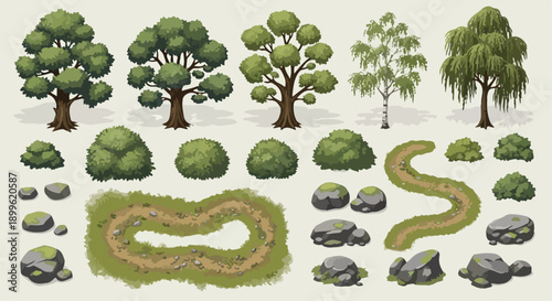 Pixel art vector trees, bushes, rocks, and dirt paths set for game design, top-down view, isolated on white