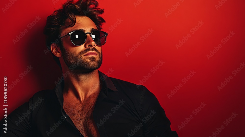 Fototapeta premium A stylish man wearing sunglasses poses against a vibrant red background with confidence and charm.