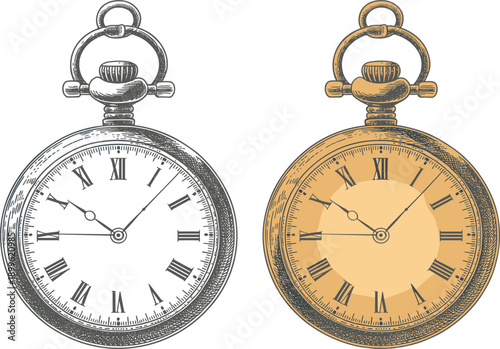 Vintage pocket watch vector icons in gold and silver styles, with roman numerals for antique design