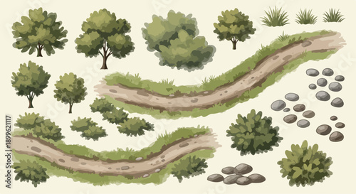 Vector top-down map elements: green trees, bushes, grass, dirt paths, and grey stones, isolated on white
