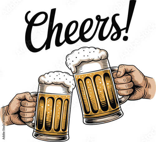 Hands clinking two beer mugs with foam and cheers text, vector illustration for pub and bar