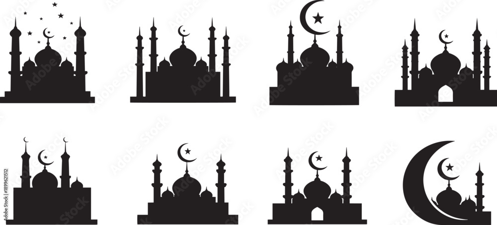 Fototapeta premium Collection of islamic mosque silhouettes with crescent moon and star icons