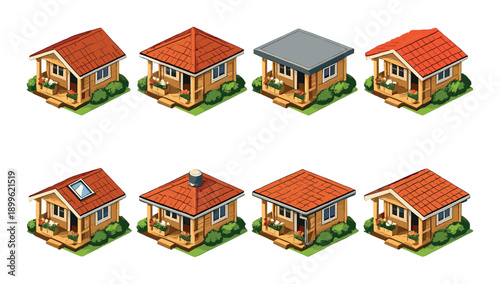 Set of eight isometric cartoon houses with distinctive roof styles and colorful garden settings