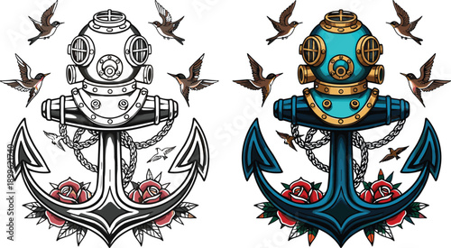 Vintage Nautical Anchor Illustration Set with Deep Sea Diving Helmet, Swallows, Roses, and Maritime Tattoo Style Designs