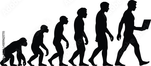 Human evolution silhouette, primate to modern man, laptop figure, technological progress, upright posture, development stages, anatomy transition, concept illustration