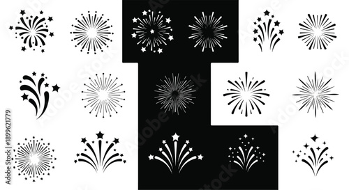 Black and white firework burst vector icon set, celebration explosion graphic elements, isolated on white