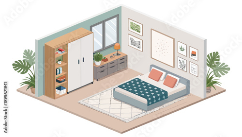 Isometric urban apartment bedroom interior with modern furniture and decor