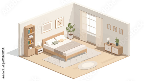 Modern minimalist bedroom interior with bed furniture and plants in neutral tones and natural light