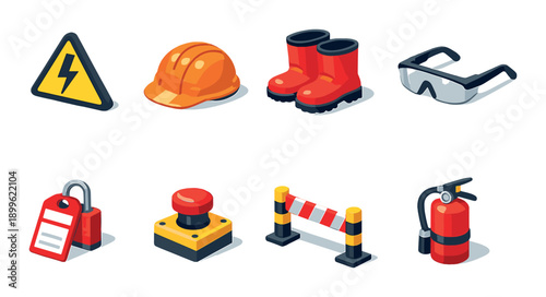 Safety equipment icons: helmet, boots, glasses, fire extinguisher, warning sign, barrier