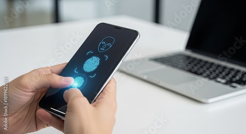 Wallpaper Mural Person using fingerprint scanner on smartphone for secure access. Torontodigital.ca