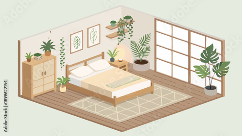 Japandi style isometric bedroom vector with plants minimalist decor and natural textures in a serene atmosphere