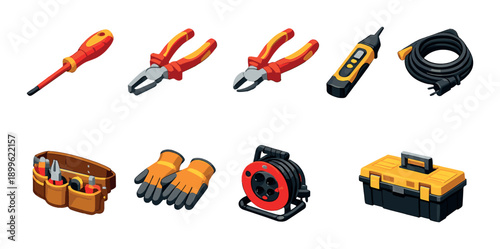 Collection of garage tools including pliers, screwdriver, and tool box