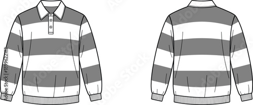 Rugby shirt front back view, striped design, long sleeve garment, fashion illustration, collar detail, button placket, clothing layout, apparel sketch