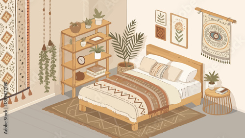 Boho chic isometric bedroom vector illustration with woven textiles and plants