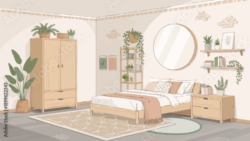 Cozy scandinavian style isometric bedroom interior with plants modern furniture and soft lighting featuring a bed wardrobe