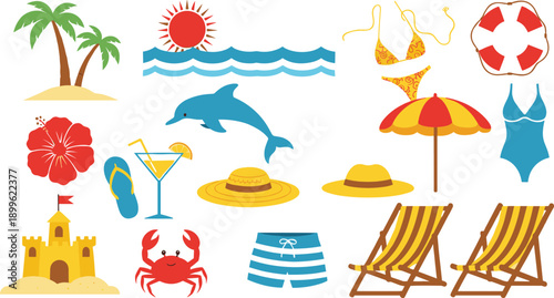 Summer Beach Vacation Illustration Set with Tropical Island, Dolphin, Swimwear, Sun Umbrella, Cocktails, and Seaside Holiday Icons