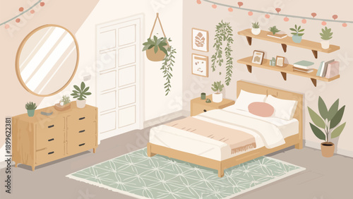 Cozy scandinavian style isometric bedroom vector with plants wooden furniture and soft lighting