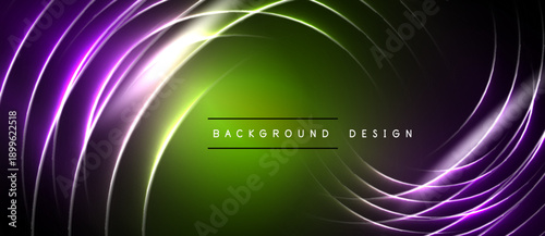 Abstract swirling lines create vibrant green, purple glow. Dark background emphasizes bright curves, modern design element.