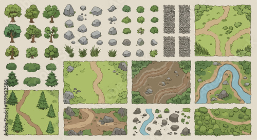 Top down vector map elements: trees, rocks, bushes, paths, rivers, grass, dirt. Game asset kit, isolated on white.