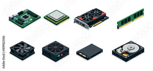 Isometric computer components: motherboard, cpu, gpu, ram, fan, psu, ssd, hdd