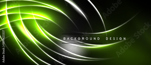 Bright neon curves, lines create abstract background. Green, white glow over dark surface. Modern design element.