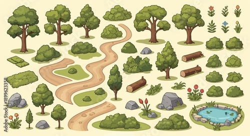 Vector nature elements set: green trees, bushes, rocks, flowers, pond, and winding dirt paths for game design or landscape illustration