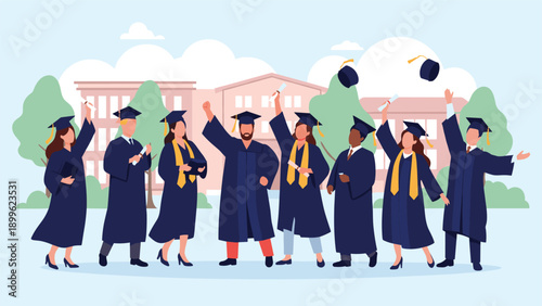 Diverse group of university students in graduation gowns cheering and throwing caps in front of campus buildings.