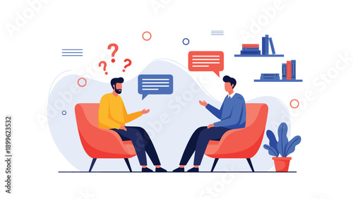 Counseling or therapy session showing two men sitting in armchairs engaged in a meaningful conversation and talk.