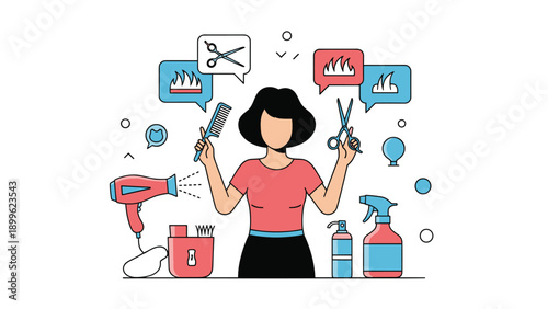 Professional hairdresser holding scissors and a comb surrounded by hair salon tools and equipment for beauty care.