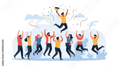 Diverse group of happy young people jumping in the air and celebrating with colorful confetti to mark a successful achievement or victory.