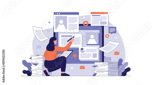 Woman organizing digital files and documents on a large monitor with stacks of paper flying around her to represent transitioning to digital.