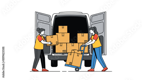 Female delivery workers in uniforms loading heavy cardboard boxes into the back of a white transport van for efficient logistics and shipping.