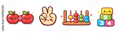 Cute educational kawaii icons with apples, peace sign, abacus, and blocks
