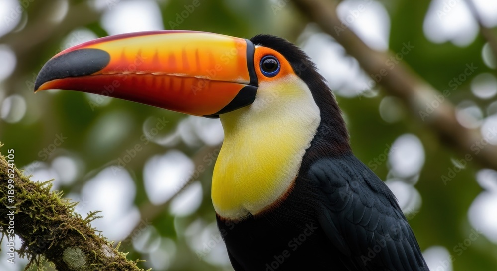 Fototapeta premium A close-up portrait of a colorful toucan with a large beak, perched on a branch