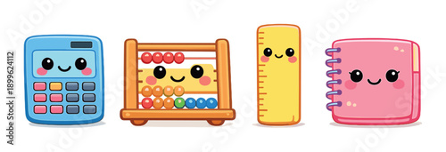 Cute cartoon stationery with calculator, abacus, ruler, and notebook
