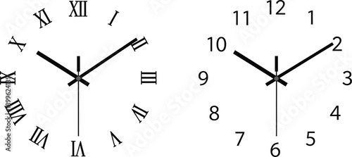 Two distinct clock faces, one with Roman numerals and the other with Arabic numerals, both displaying the identical time on a clean white background.